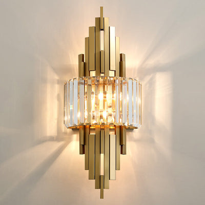 Contemporary Luxury Metal Hardware Crystal Cylinder Strip Rhombic 2-Light Wall Sconce Lamp For Living Room