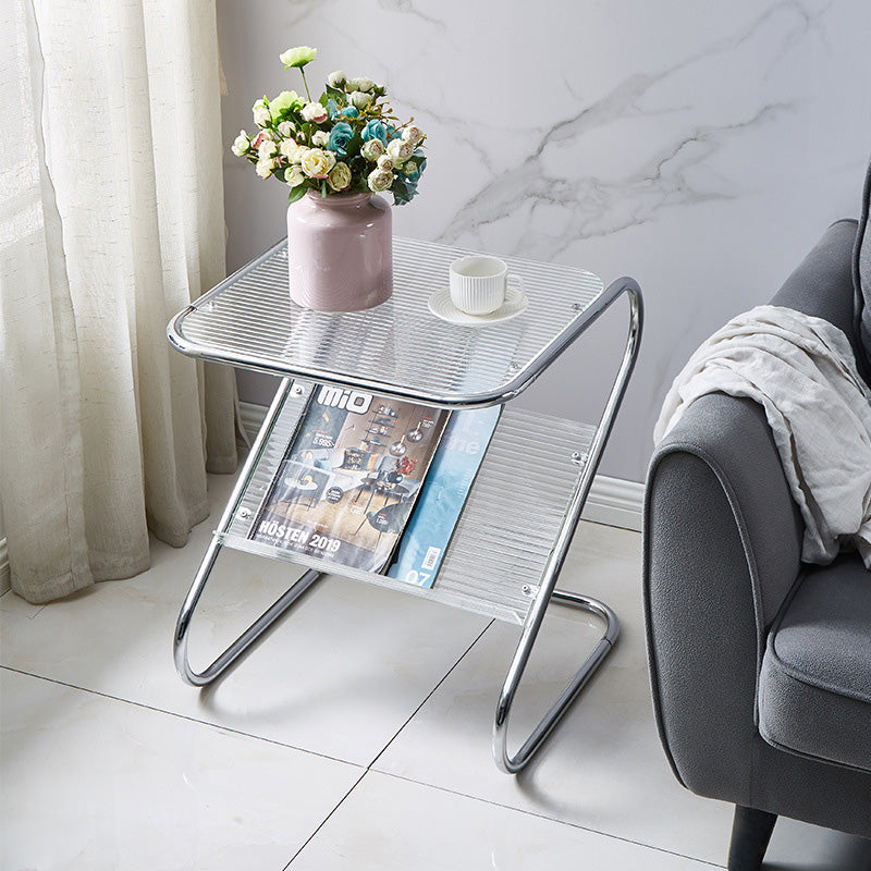 Modern Minimalist Square Z-Shape Iron Glass Side Table For Living Room