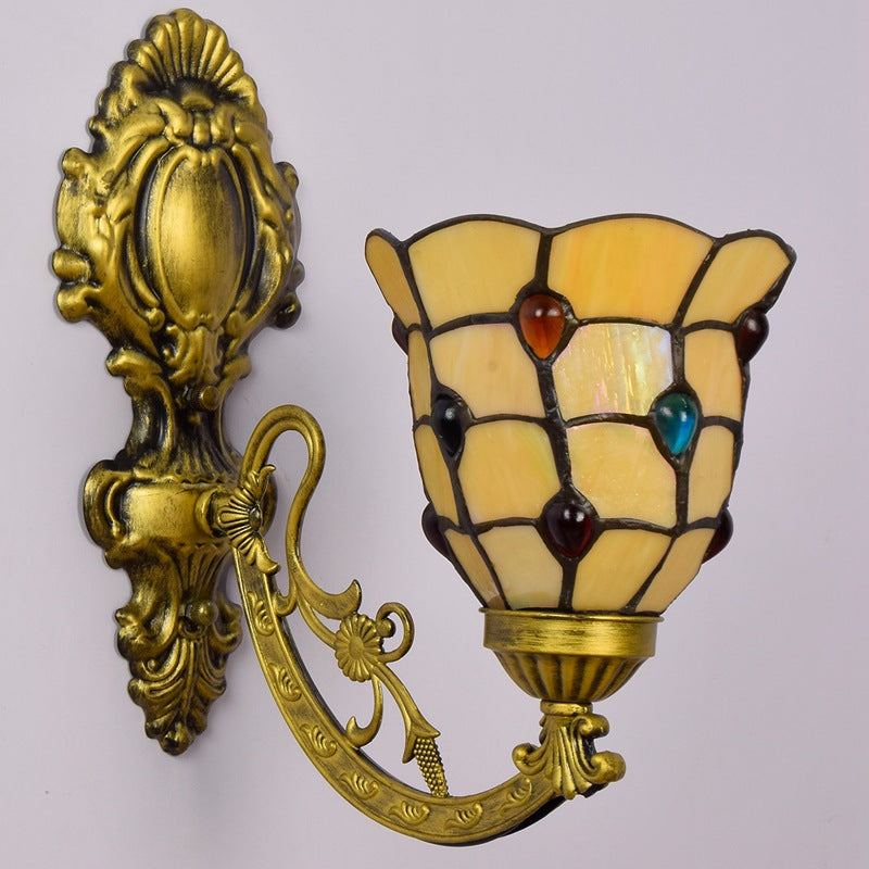 Traditional Tiffany Iron Crystal Stained Glass Flower 1-Light Wall Sconce Lamp For Living Room