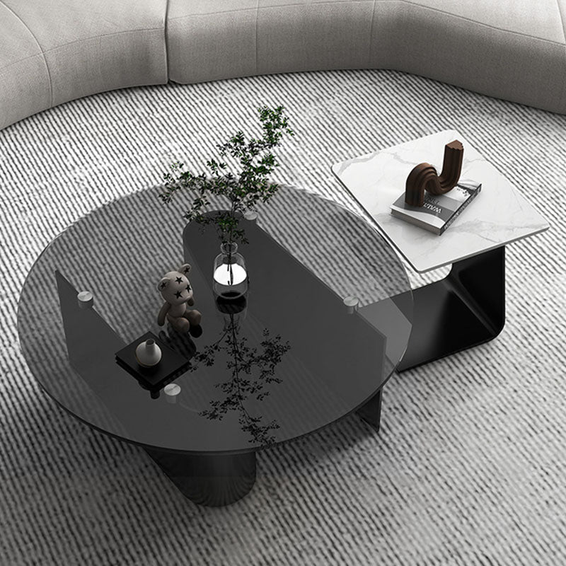 Modern Minimalist Round Square Glass Slate Metal Coffee Table For Living Room