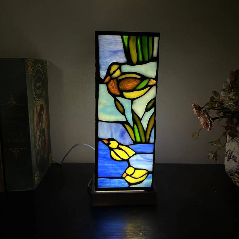 Modern Art Deco Rectangular Bamboo Wood Glass LED Table Lamp For Bedroom