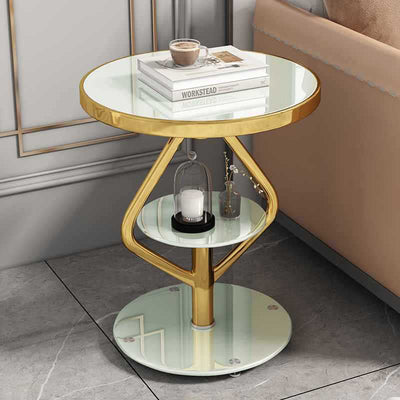 Contemporary Nordic Round Lozenge Glass Stainless Steel End Table 2-Tier For Living Room