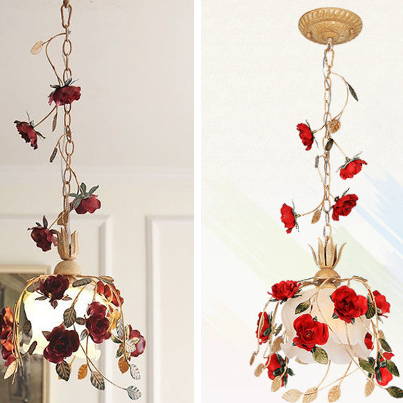 Contemporary Retro Iron Glass Rose 1-Light Pendant Light For Bedroom