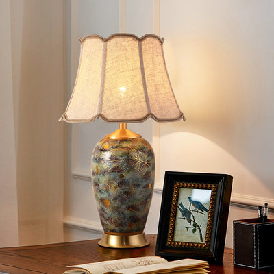 Modern Luxury Vase Base Pleated Octagon Lampshade Ceramic Fabric 1-Light Table Lamp For Bedroom