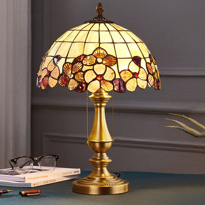 Traditional Tiffany Shell Stained Glass Shade Full Copper Base 1-Light Table Lamp For Bedroom