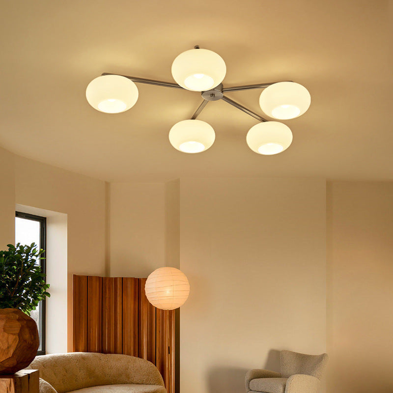 Modern Mid-Century Iron Glass Oval Shade 5-Light Semi-Flush Mount Ceiling Light For Living Room