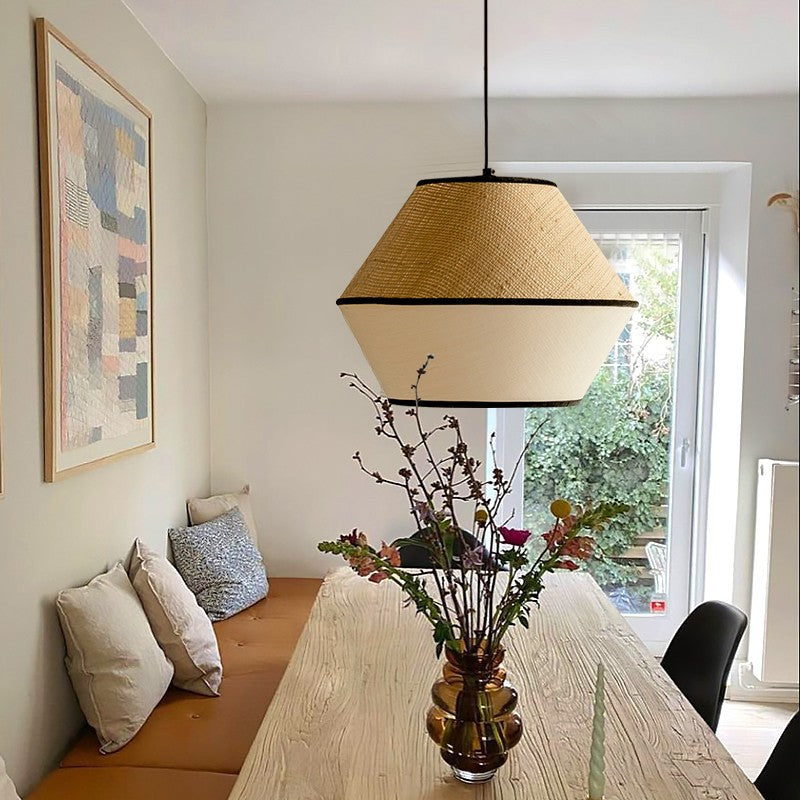 Traditional Japanese Cylinder Conic Trapezoidal Iron Fabric 1-Light Pendant Light For Dining Room