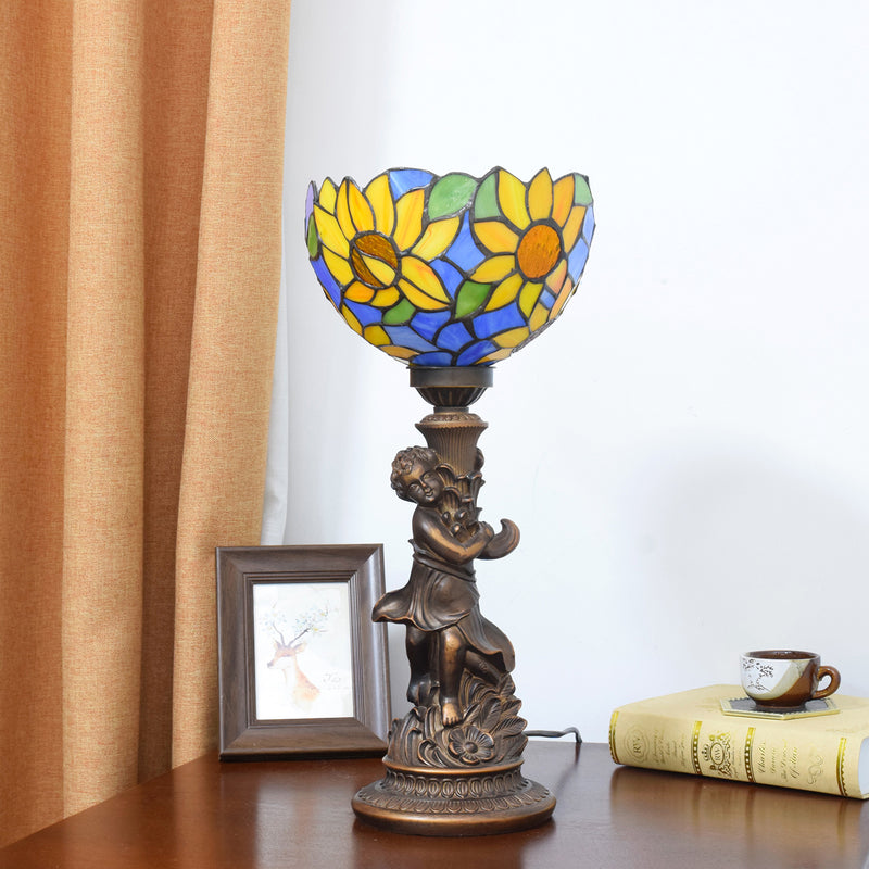 Traditional Tiffany Resin Glass Hemispheric Sunflower Boy 1-Light Table Lamp For Bedside