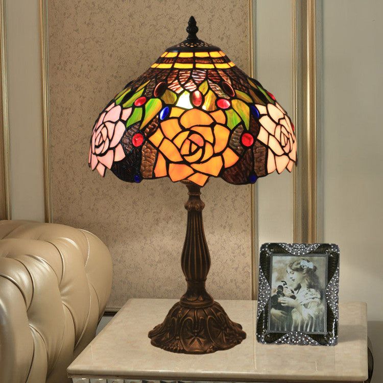 Traditional Tiffany Bloom Floral Stained Glass 1 - Light Table Lamp For Bedroom