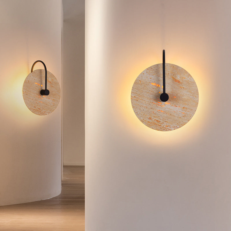 Modern Minimalist Round Iron Yellow Travertine 1-Light Wall Sconce Lamp For Living Room