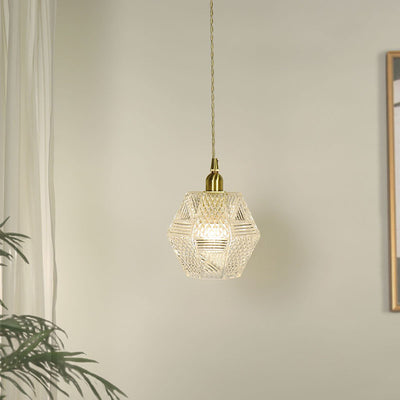 Modern Minimalist Octagonal Brass Glass 1-Light Pendant Light For Bedroom