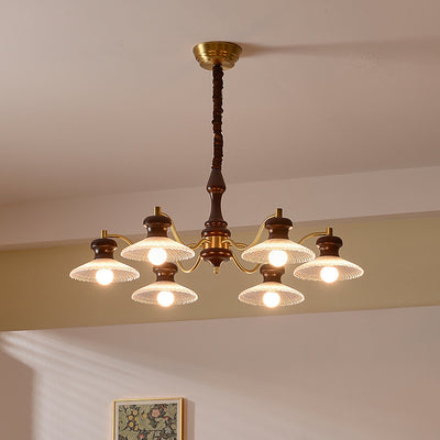 Traditional Vintage Brass Iron Ash Wood Glass Round Bowl 3/6/8 Light Chandeliers For Dining Room