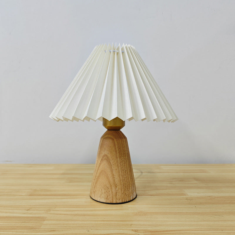 Contemporary Scandinavian Trapezoidal Pleated Fabric Wood 1-Light Table Lamp For Bedroom