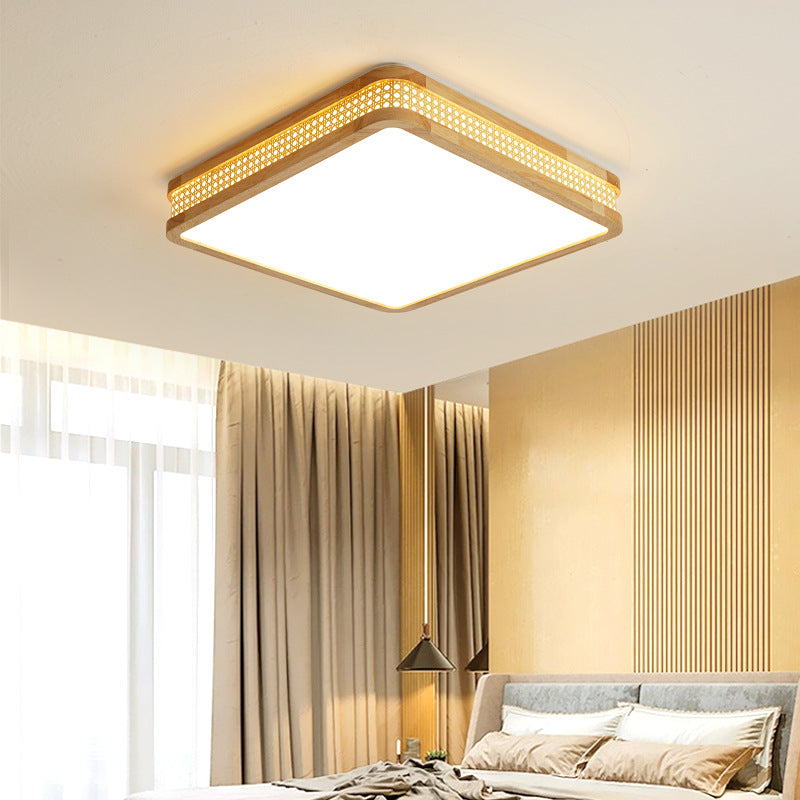 Modern Minimalist Square Acrylic Wood LED Flush Mount Ceiling Light For Bedroom