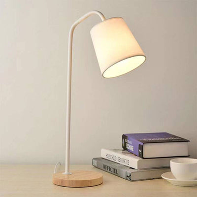 Contemporary Nordic Cylinder Fabric Shade Wooden Base 1-Light Table Lamp For Study