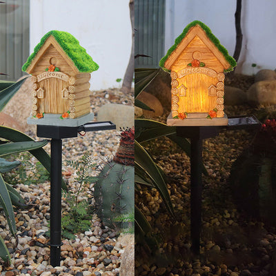 Contemporary Creative Resin Wooden House LED Solar Waterproof Lawn Insert Light For Outdoor Patio