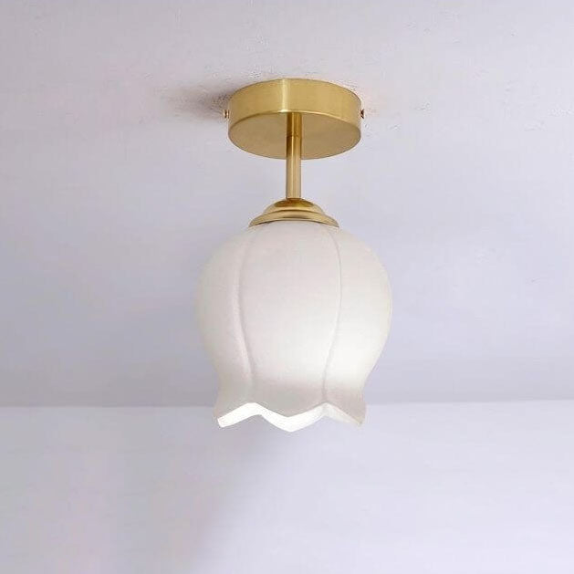 Nordic Retro Brass Glass Flower Lampshade 1-Light Semi-Flush Mount Ceiling Light