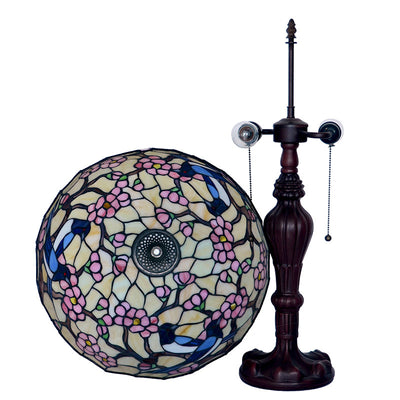 Traditional Tiffany Half Ball Magpie Plum Flower Iron Glass 2-Light Table Lamp For Bedroom