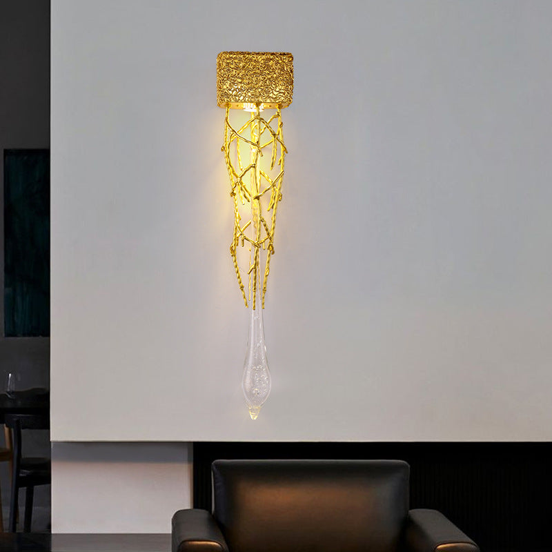 Contemporary Luxury Iron Copper Crystal Branch Drop 1-Light Wall Sconce Lamp For Living Room