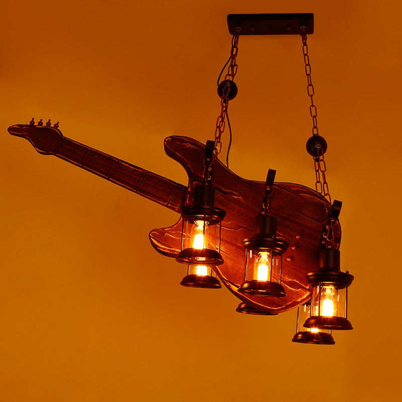 Lustre traditionnel à 6 lumières en fer en forme de guitare sculpté sur bois de ferme pour salle à manger 