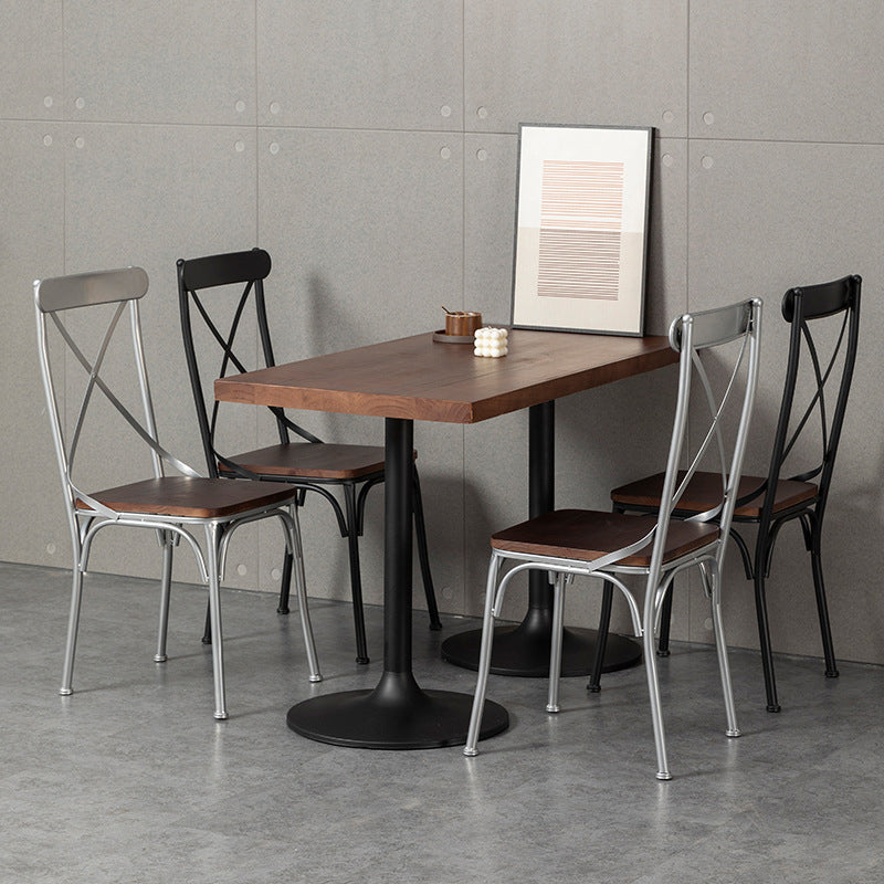 Contemporary Industrial Leather Wood Iron Square X Shape Back Dining Chair & Table Set For Dining Room