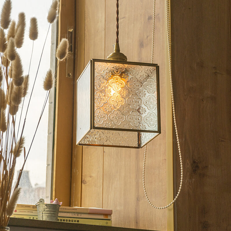 Vintage Clear Patterned Glass Cone Square Copper 1-Light Pendant Light