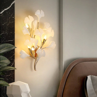 Contemporary Creative Ginkgo Leaf Iron Plastic Porcelain 2/3 Light Wall Sconce Lamp For Living Room