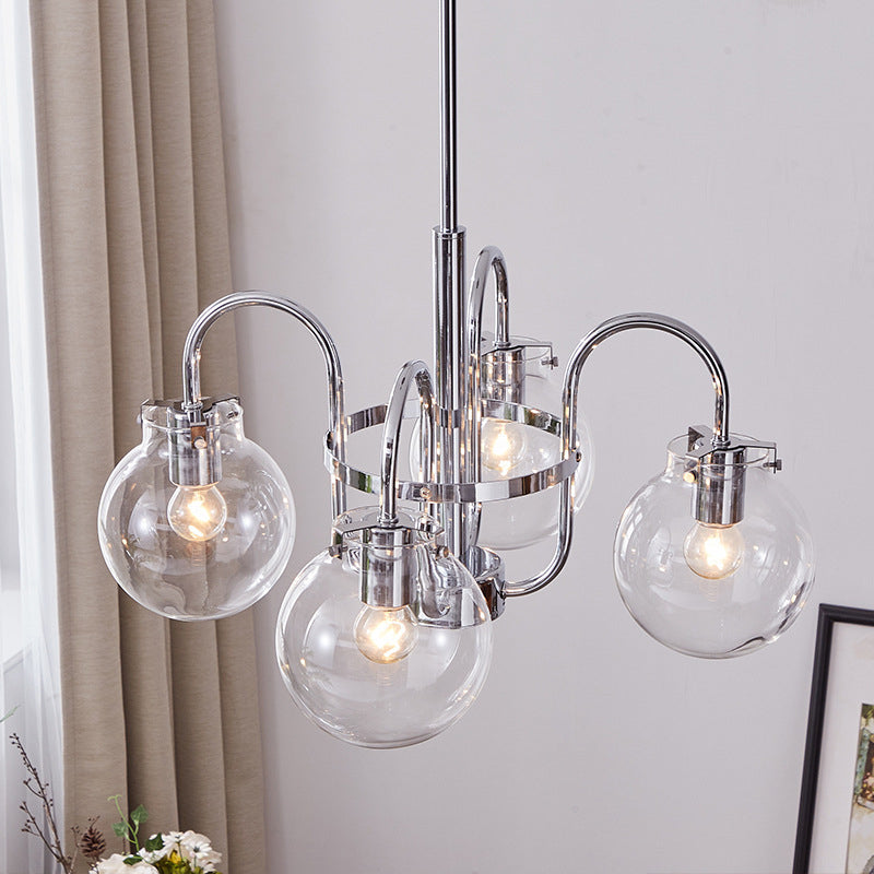 Contemporary Nordic Branch Curved Rod Round Globe Iron Glass 4/5 Light Chandelier For Living Room