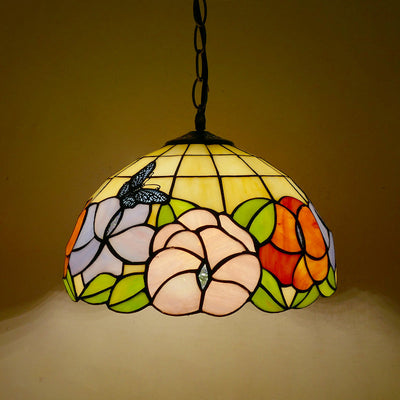 Traditional Tiffany Dome Iron Glass 1-Light Pendant Light For Living Room