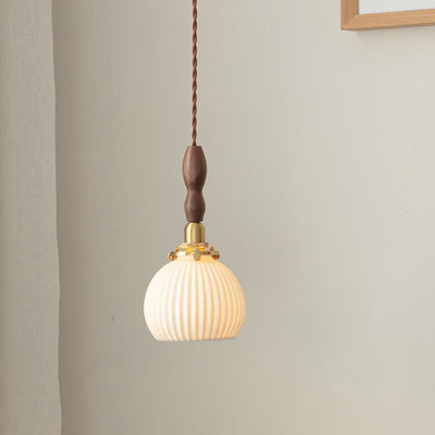 Traditional Japanese Walnut Brass Ceramic Round Bowl 1-Light Pendant Light For Dining Room