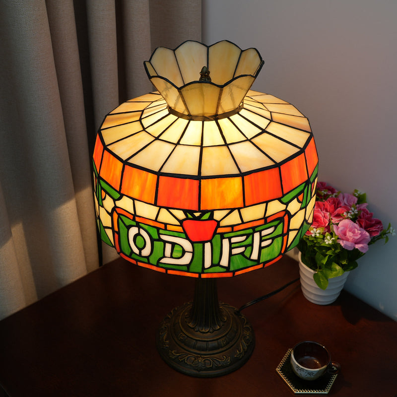 Traditional Tiffany Round Umbrella-Shaped Stained Glass Resin Iron 1-Light Table Lamp For Bedroom