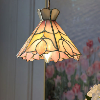 Contemporary Retro Brass Glass Conic Rose Tulip 1-Light Pendant Light For Dining Room