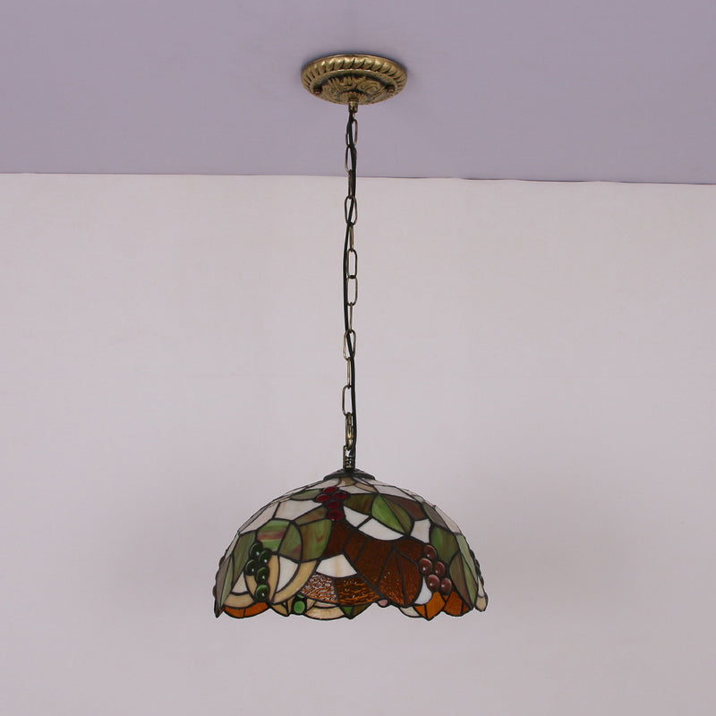 Traditional Tiffany Grape Stained Glass Round 1-Light Pendant Light For Dining Room