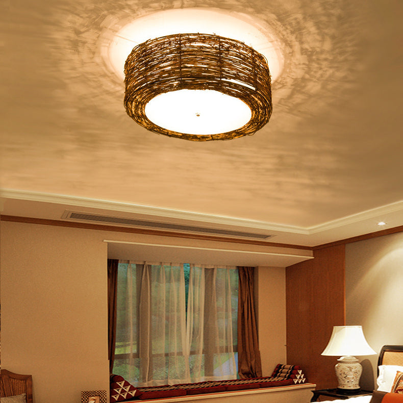 Traditional Rustic Rattan Weaving Cylinder 1-Light Flush Mount Ceiling Light For Living Room