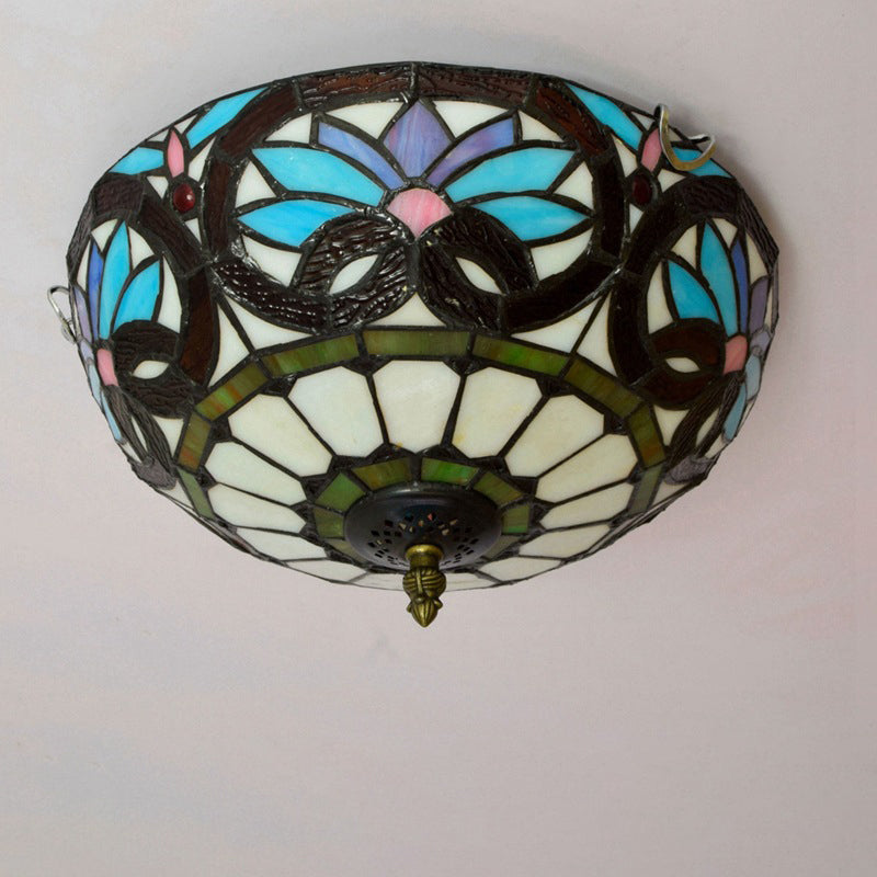 Traditional Tiffany Dome Iron Glass 2-Light Flush Mount Light For Living Room