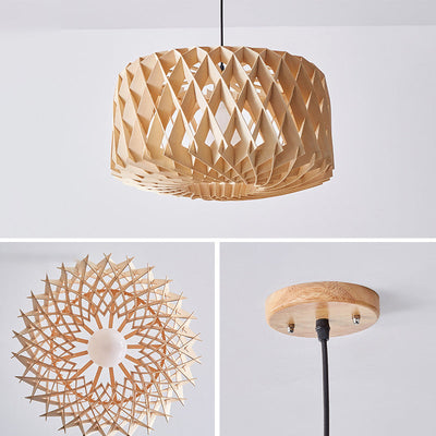 Modern Minimalist Round Diamond Solid Wood Skeleton 1-Light Pendant Light For Living Room