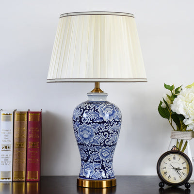 Traditional Chinese Fabric Shade Hand-Painted Celadon Base 1-Light Table Lamp For Living Room