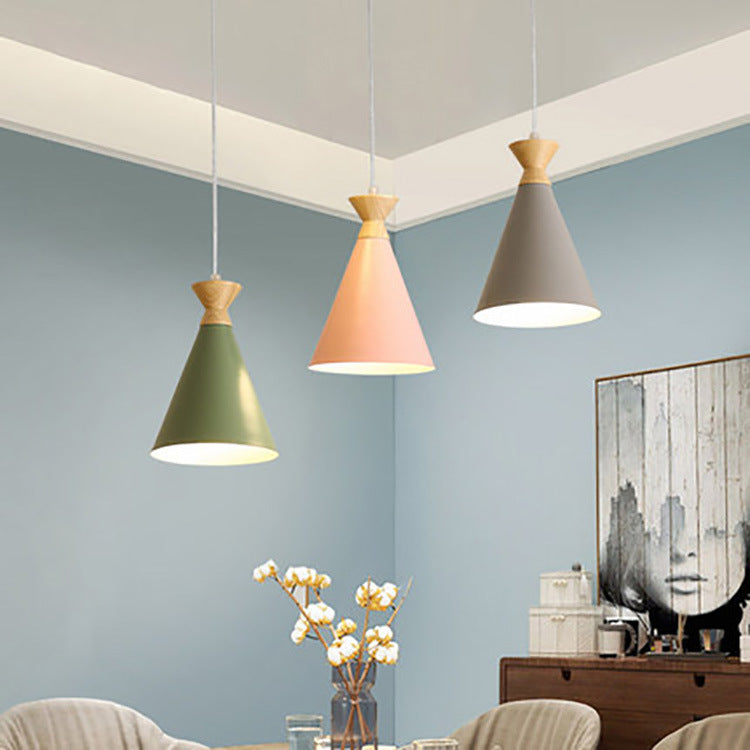 Contemporary Creative Macaron Cone Horn Hardware Rubber Solid Wood 1-Light Pendant For Living Room