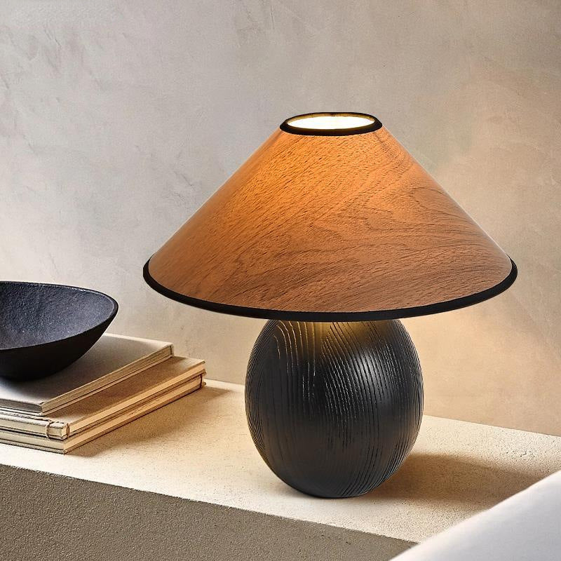 Traditional Japanese Round Trapezoidal Solid Wood Fabric 1-Light Table Lamp For Bedroom