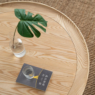 Contemporary Nordic Round Wood Rattan Coffee Table 2-Tier For Living Room