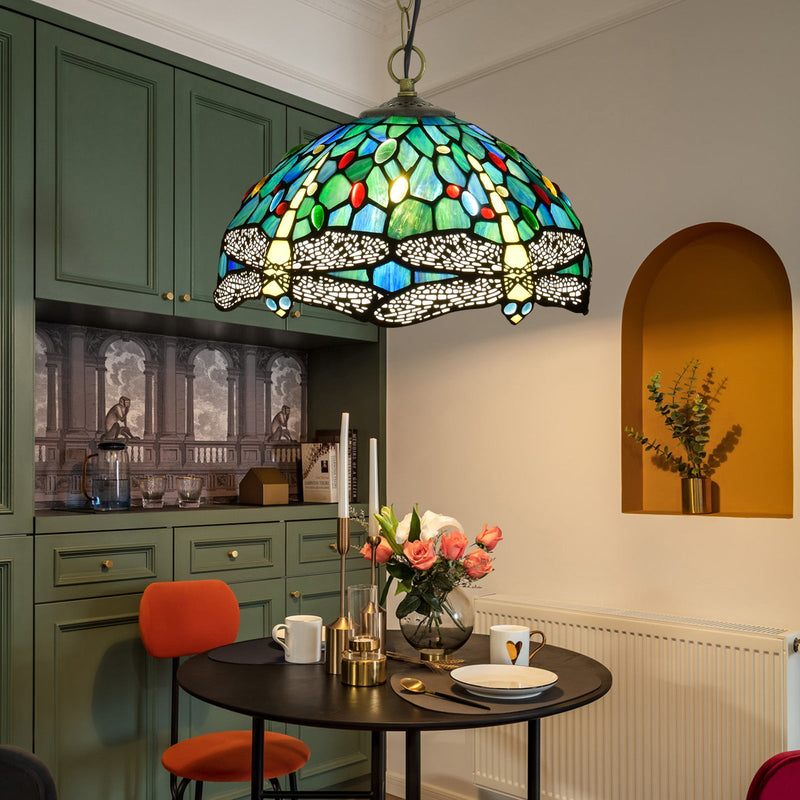 Traditional Tiffany Dragonfly Stained Glass Dome 1-Light Pendant Light For Living Room