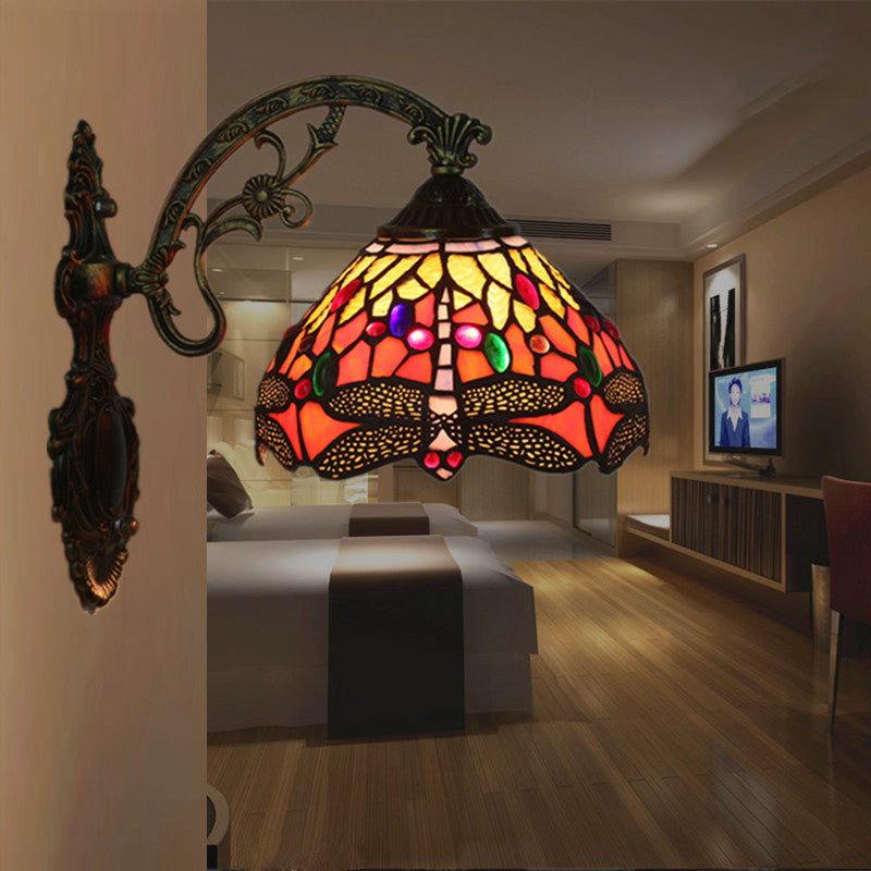 Traditional Tiffany Half Ball Floral Dragonfly Iron Glass 1-Light Wall Sconce Lamp For Bedroom