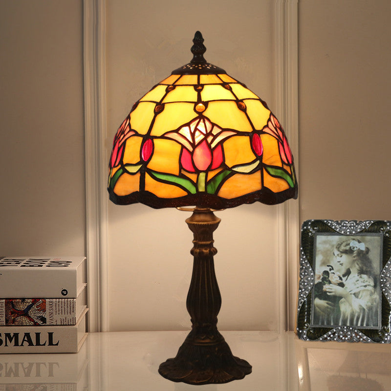 Traditional European Zinc Alloy Glass Dome Tulip 1-Light Table Lamp For Bedroom