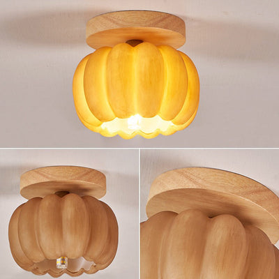 Contemporary Creative Pumpkin Solid Wood Resin Fiberglass 1-Light Semi-Flush Mount Ceiling Light For Living Room