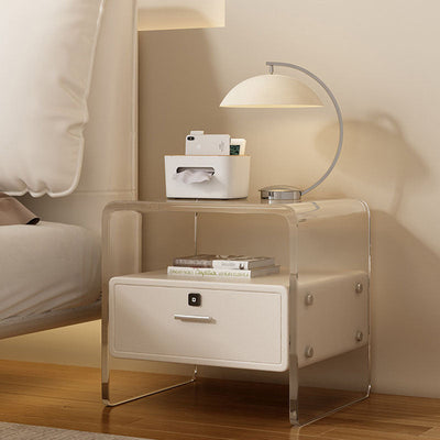 Modern Minimalist Cubic Rectangular Acrylic Wood Metal Nightstand 1-Drawer For Bedside