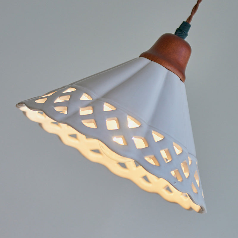 Traditional Chinese Hollow Cone Ceramic Solid Wood 1-Light Pendant Light For Bedroom