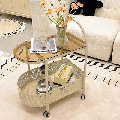 Modern Simplicity Semicircle Glass Top Iron Movable Side Table 2-Tier Cabinet For Living Room