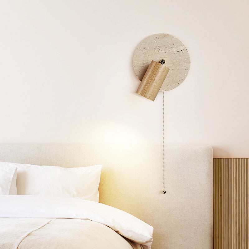 Modern Mid-Century Round Cylinder Solid Wood Beige Travertine 1-Light Wall Sconce Lamp For Bedroom