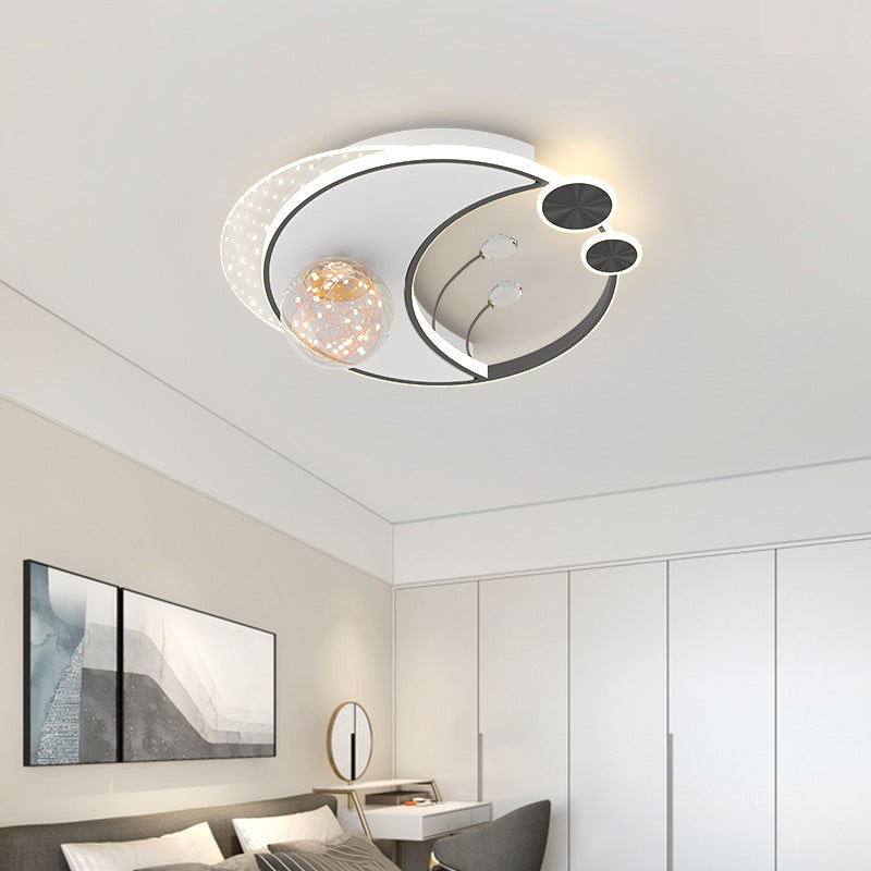 Contemporary Creative Kids Round Orb Moon Iron Acrylic LED Semi-Flush Mount Ceiling Light For Bedroom