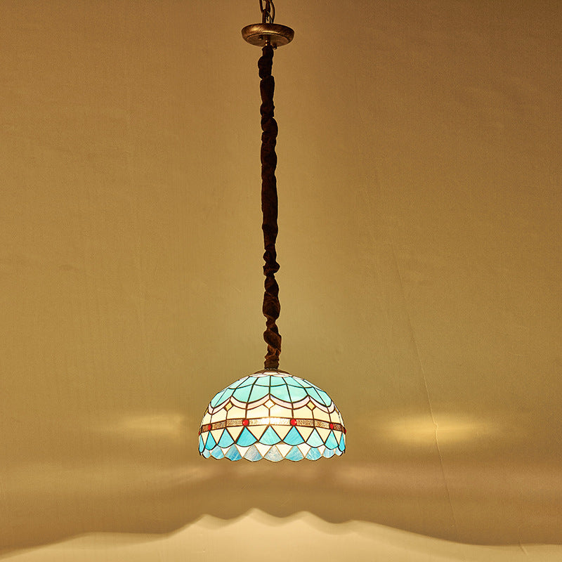 Traditional Tiffany Half Globe Iron Stained Glass 1-Light Pendant Light For Bedroom